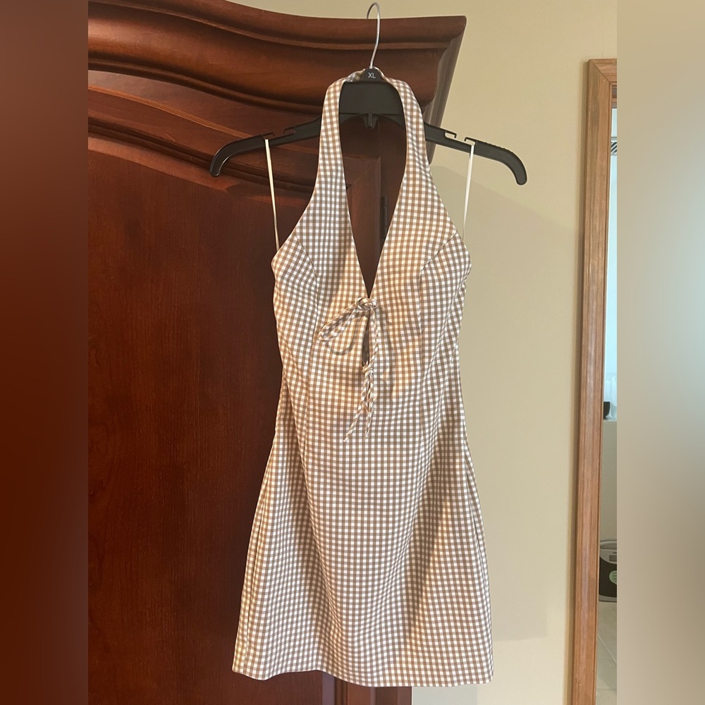 Zara Brown and White Wrap Tie Front Mini Sundress